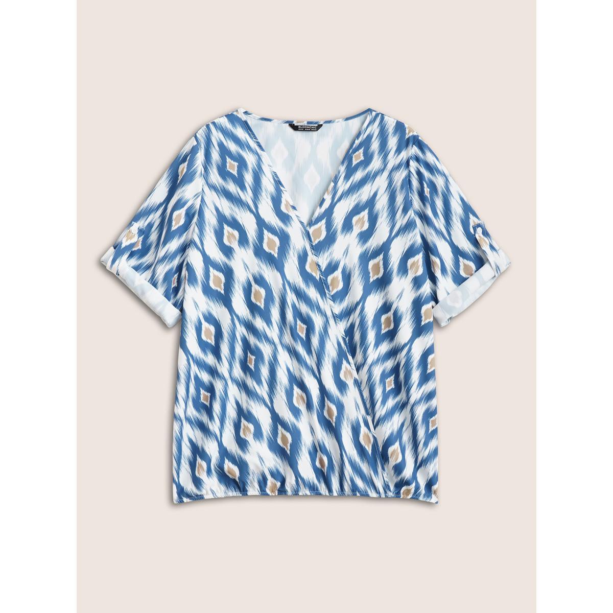 Plus Size Stone Geometric Surplice Neck Tab Sleeve Blouse Women Resort Elbow-length sleeve Overlap Collar Vacation Blouses BloomChic 22-24/3X Product Image