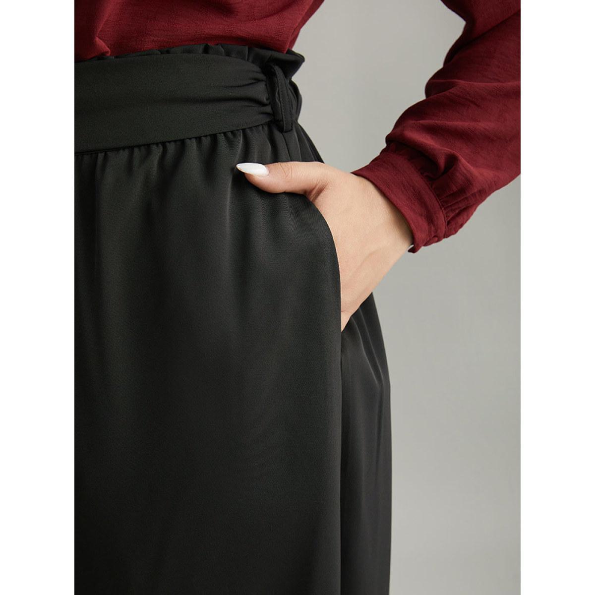Plus Size Static-Free Solid Glitter Buckle Detail Belted Pants Women Black Office Straight Leg High Rise Work Pants BloomChic 14-16/1X Product Image