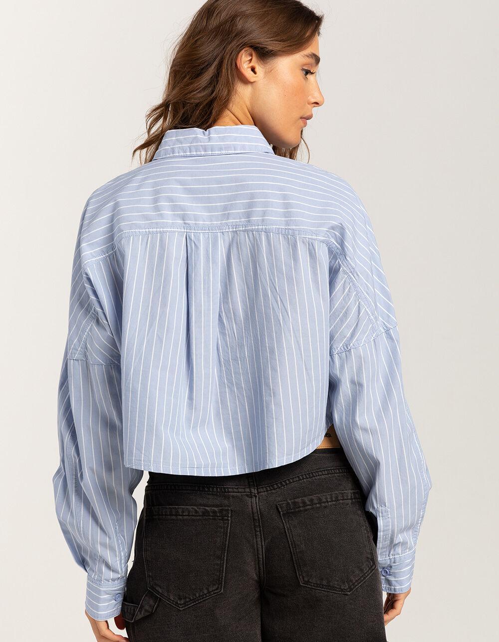 RSQ Womens Stripe Crop Long Sleeve Button Up Shirt - BLUE/WHT Product Image
