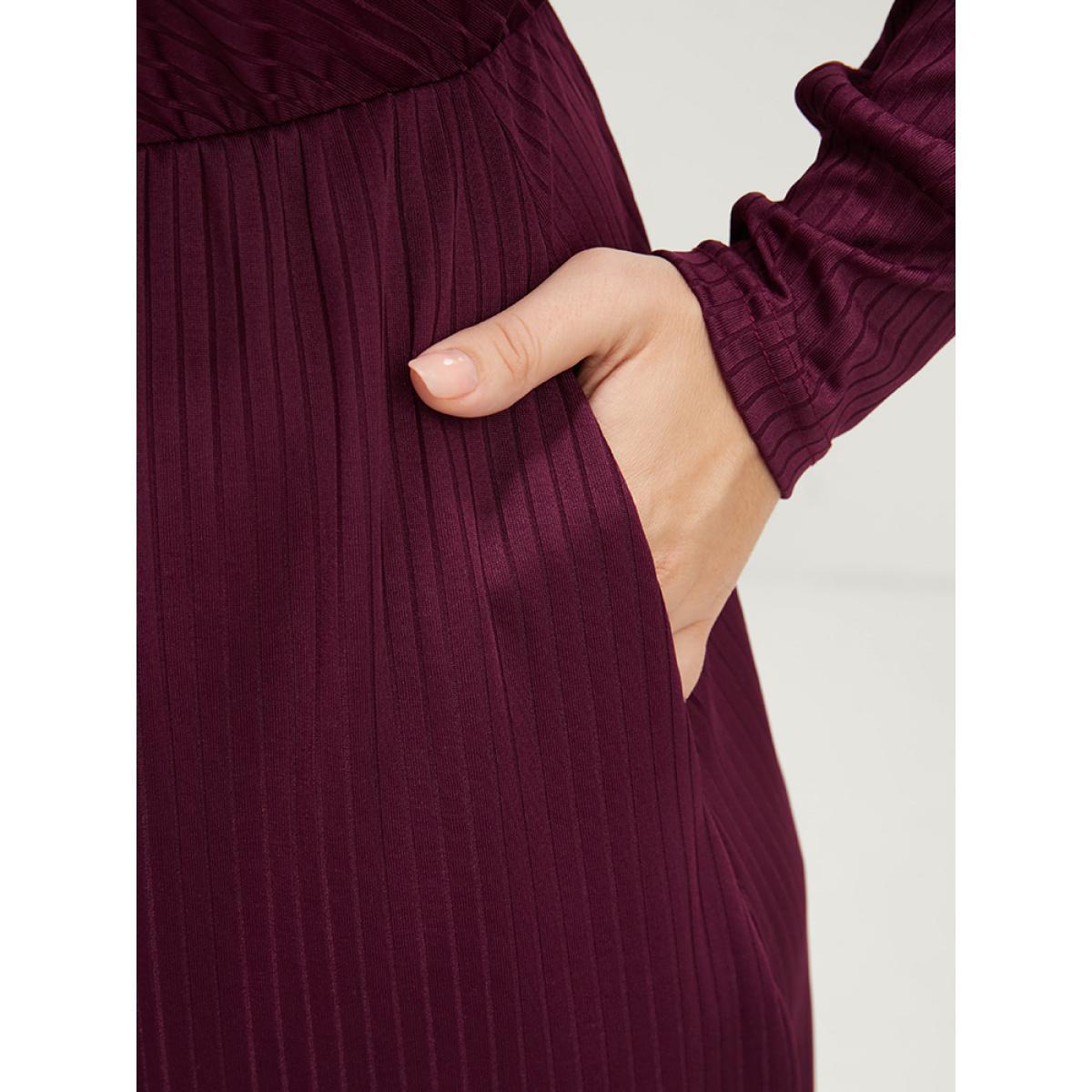 Plus Size Solid Dolman Sleeve Pocket Rib Knit Wrap Dress Burgundy Women Elegant Wrap V-neck Long Sleeve Curvy Midi Dress BloomChic 30/6X Product Image