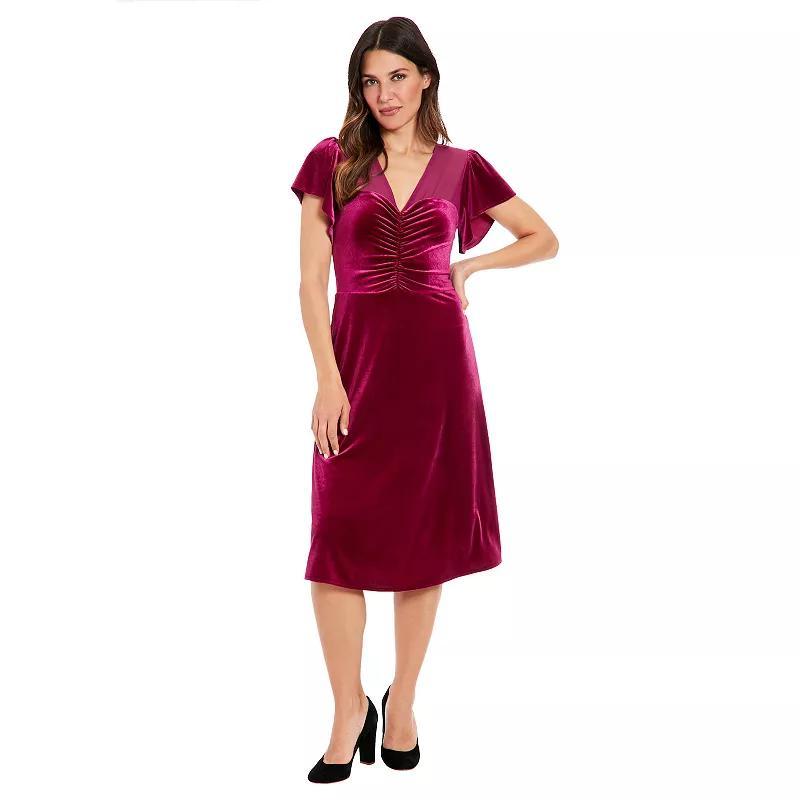 Women's London Times Velvet Illusion Flutter Sleeve Ruched Dress, Size: 4, Black Product Image