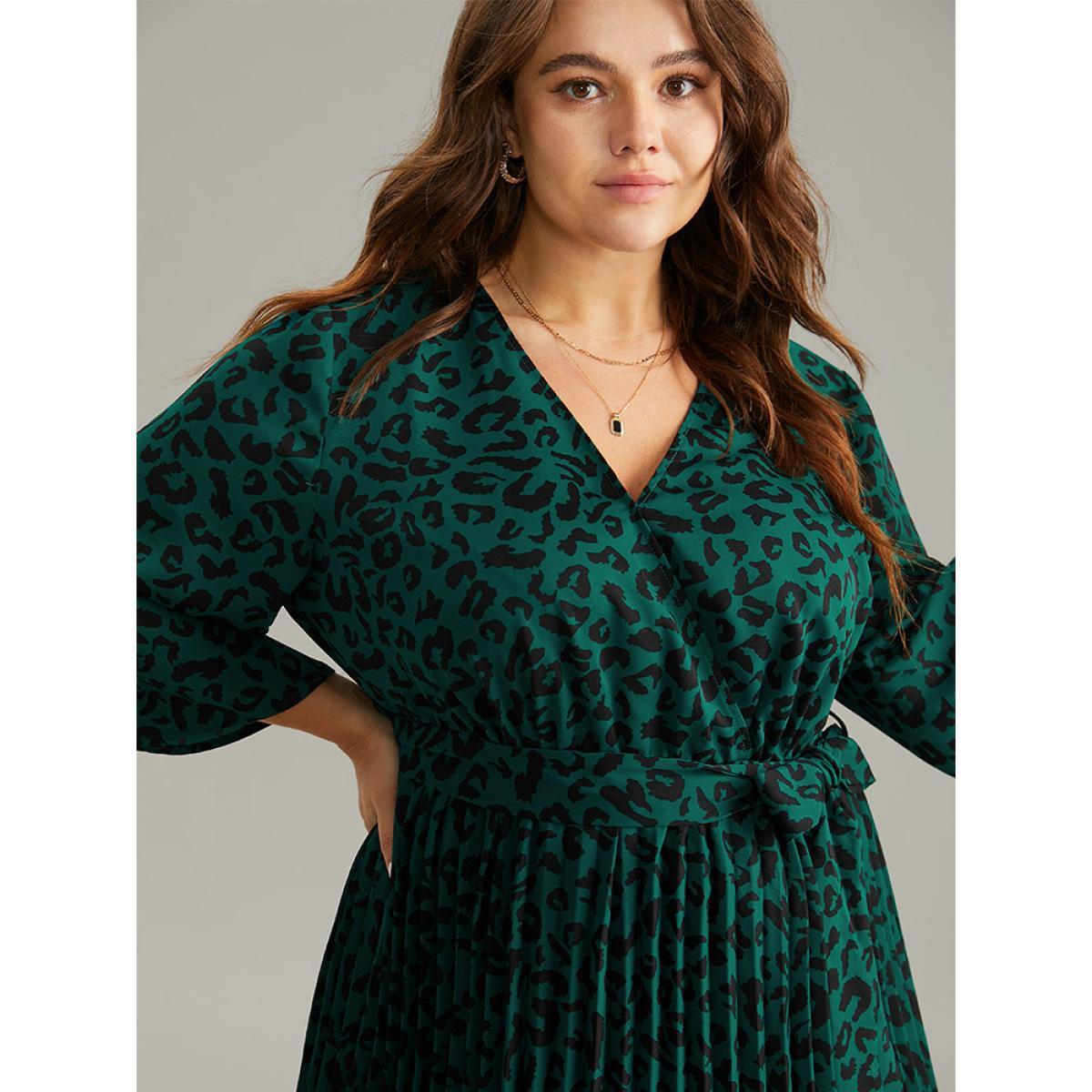 Plus Size Leopard Wrap Elastic Waist Pleated Belted Dress Cyan Women At the Office Wrap Overlap Collar Elbow-length sleeve Curvy Midi Dress BloomChic 28/5X Product Image