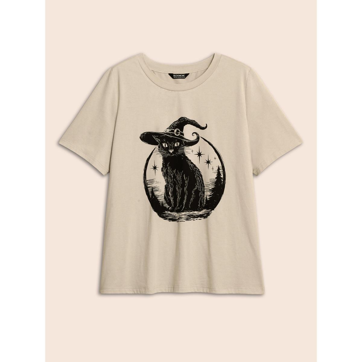 Plus Size Bewitched Cat Printed Crew Neck T-shirt Champagne Women Casual Non Halloween Round Neck Everyday T-shirts BloomChic 26/4X Product Image