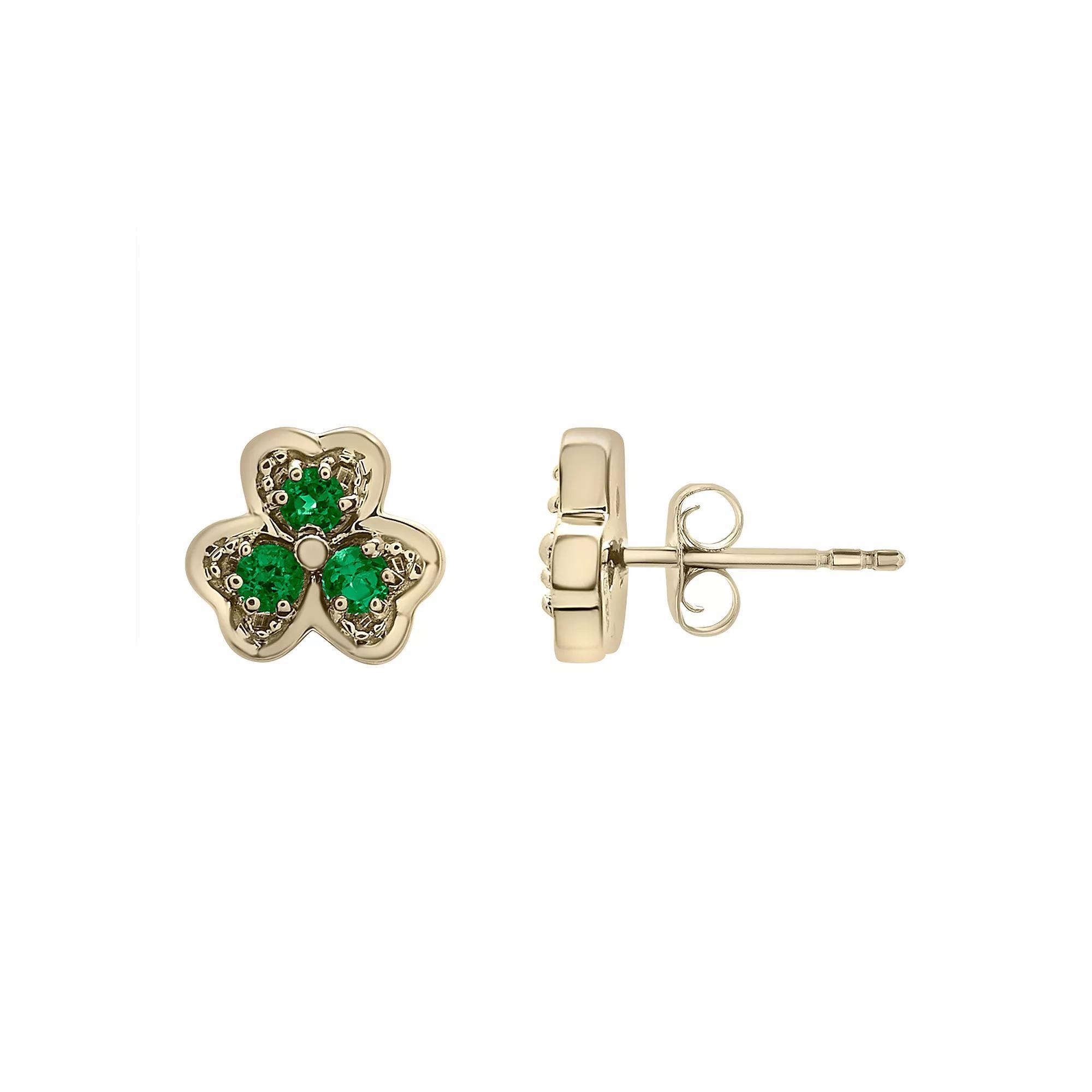 14k Gold Over Sterling Silver Lab-Created Emerald Clover Stud Earrings, Women's, Green Product Image