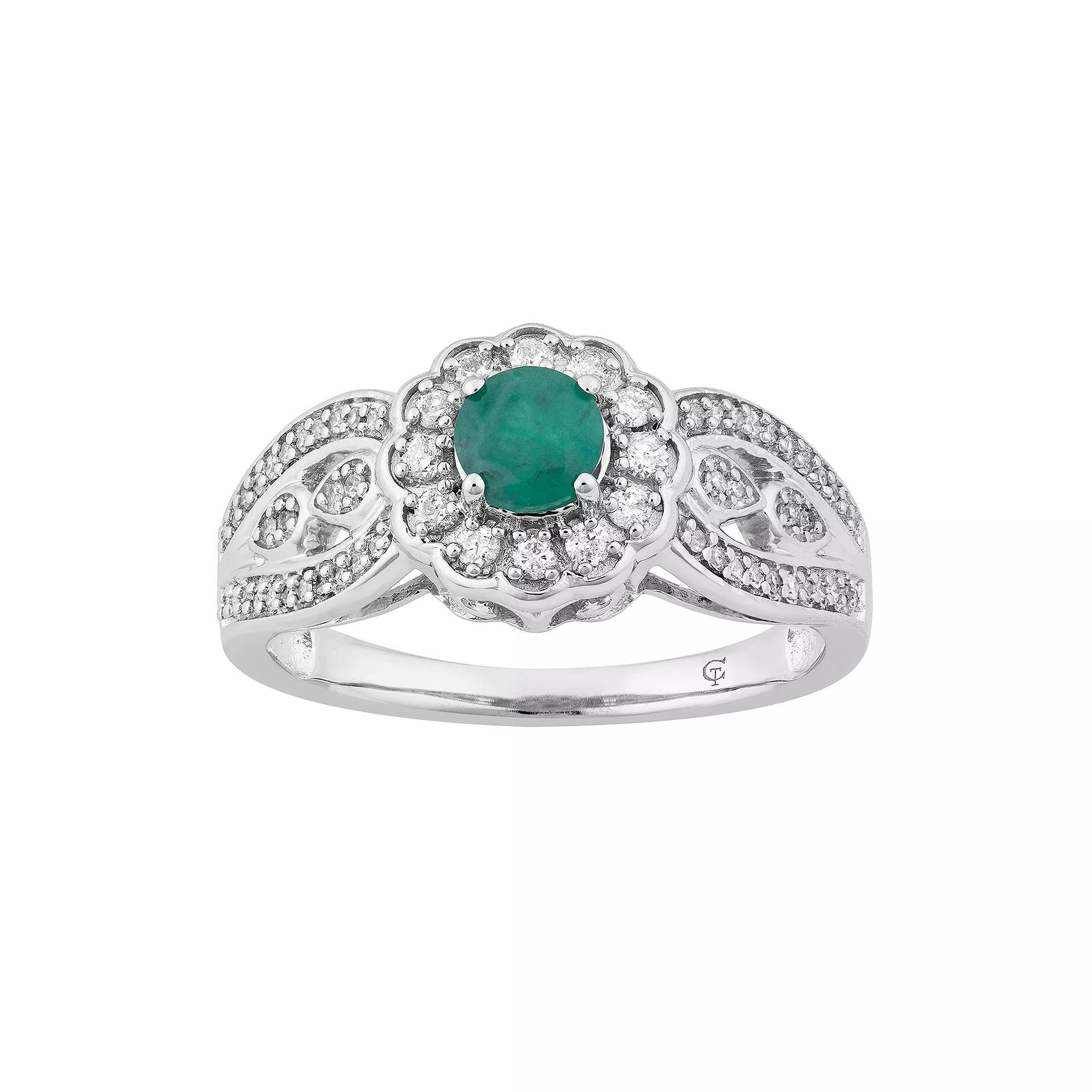 10k Gold Emerald & 1/3 Carat T.W. Diamond Tiered Flower Ring, Women's, Size: 7, 10k Whgold Product Image