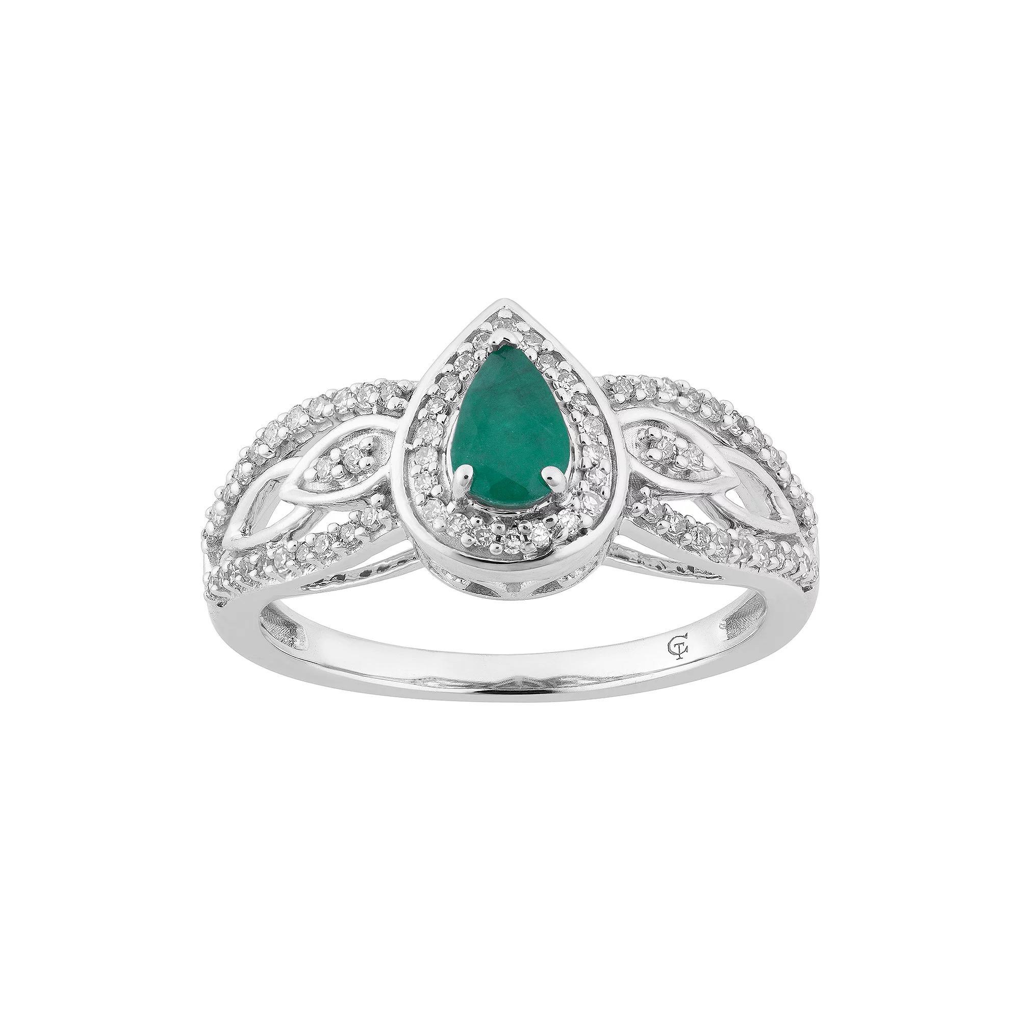 10k White Gold Emerald & 1/4 Carat T.W. Diamond Teardrop Ring, Women's, Size: 8, 10k Whgold Product Image