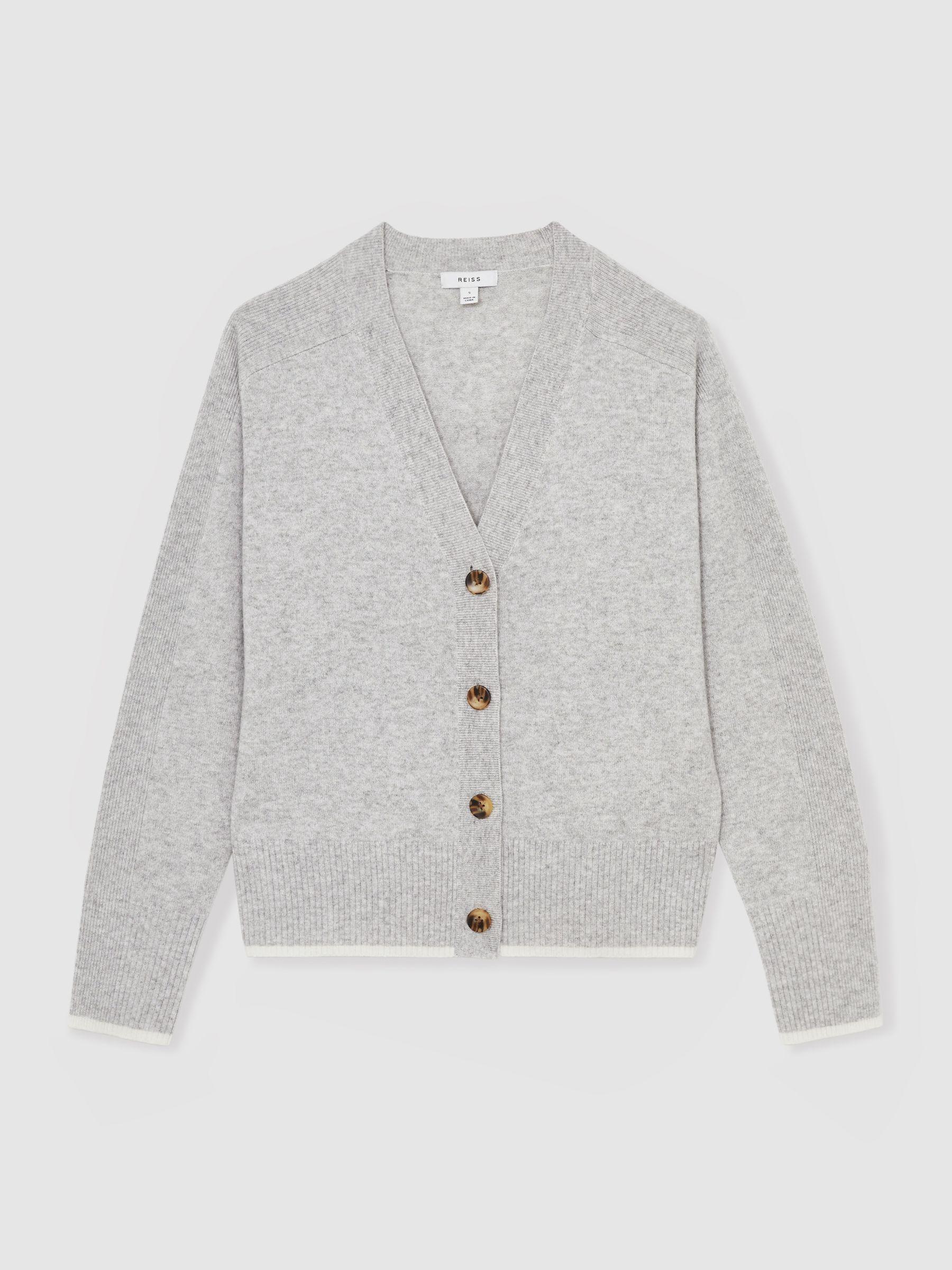 Tipped V-Neck Cardigan With Wool And Cashmere in Grey/Ivory Product Image