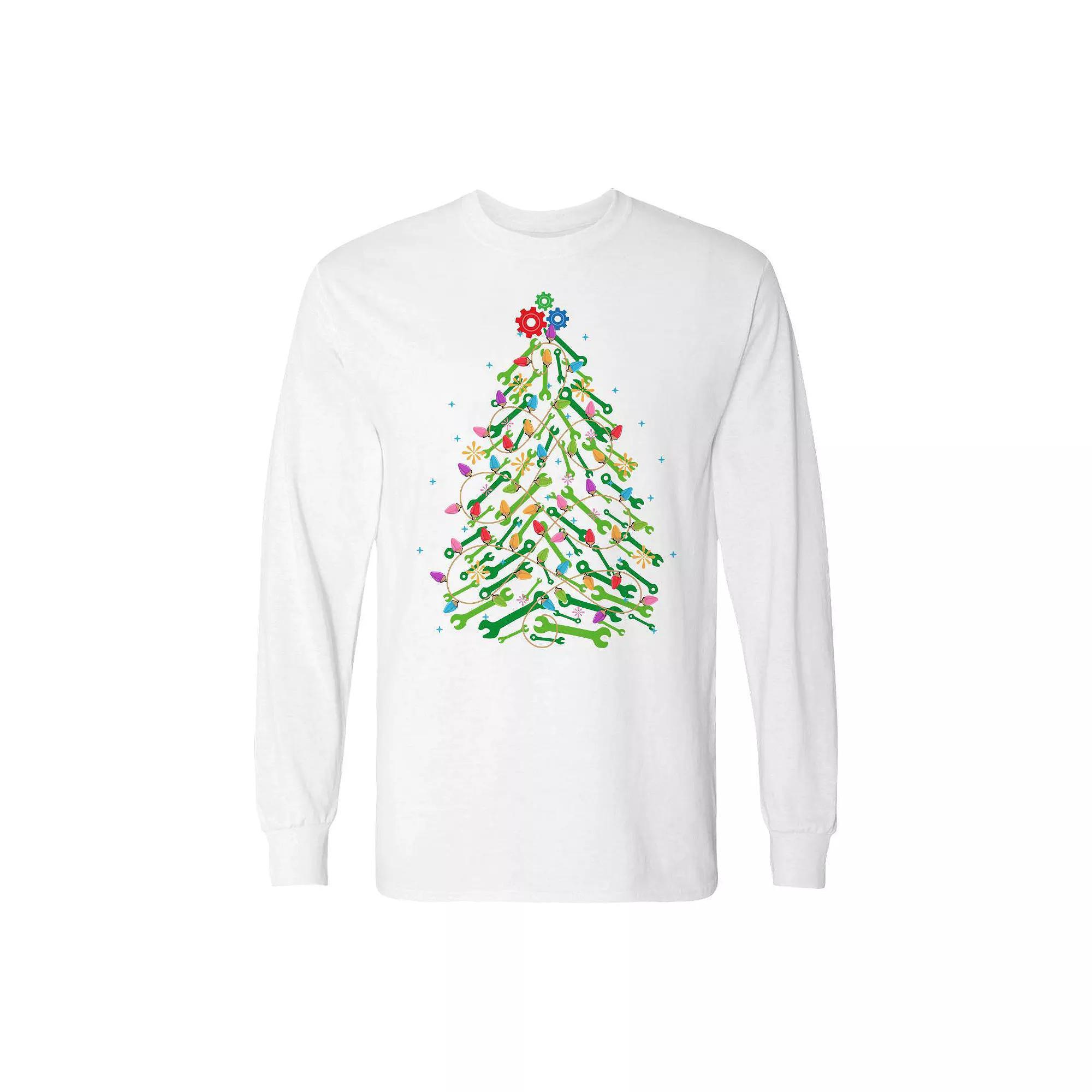 Men's Christmas Mechanic Tree Long Sleeve Graphic Tee, Size: Large, White Product Image