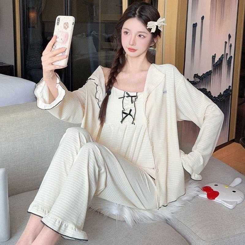 Pajama Set: Scoop Neck Bow Accent Frill Trim Padded Camisole Top + Jacket + Pants Product Image