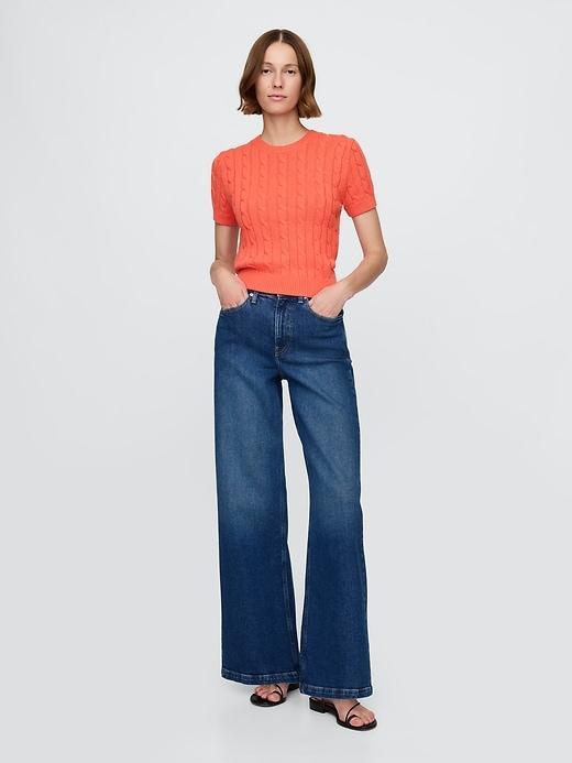 100% Cotton Cropped Cable-Knit Sweater Product Image