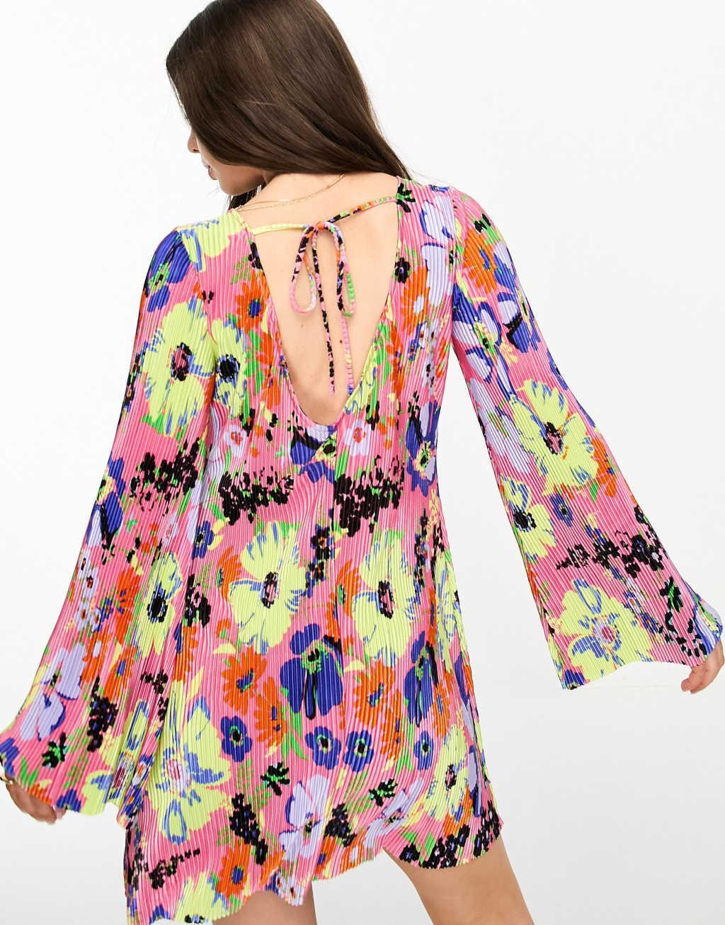 ASOS DESIGN Petite mini plisse dress with flared sleeve Product Image