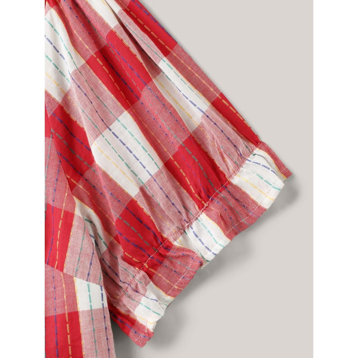 Plus Size Multicolor Cotton Plaid Print V-Neck Puffy Sleeve Blouse Women Short sleeve V-neck Everyday-Casual Blouses BloomChic 18-20/2X Product Image