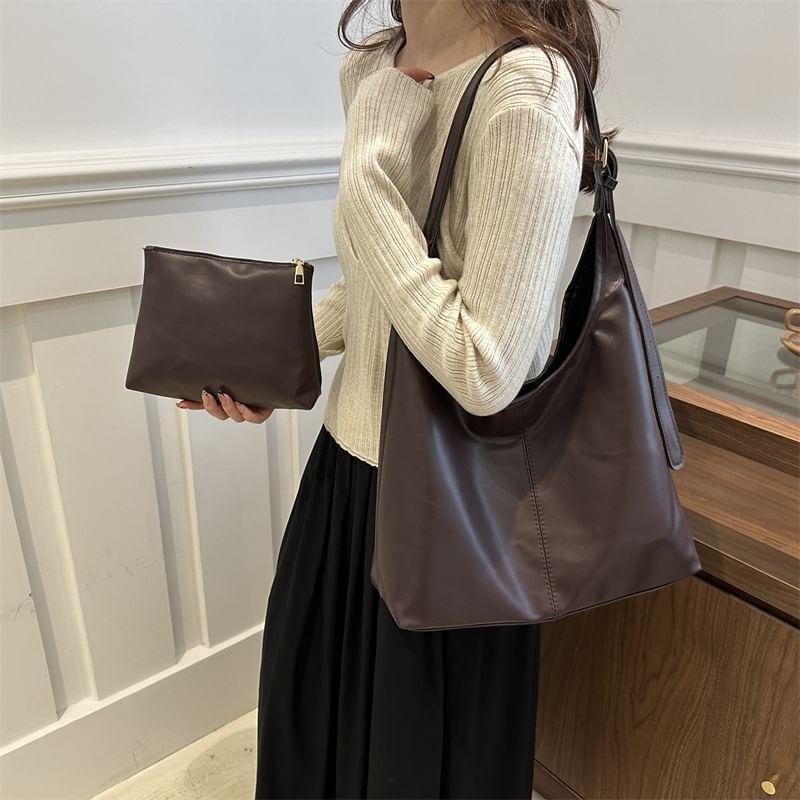 Set: Faux Leather Tote Bag + Pouch Product Image