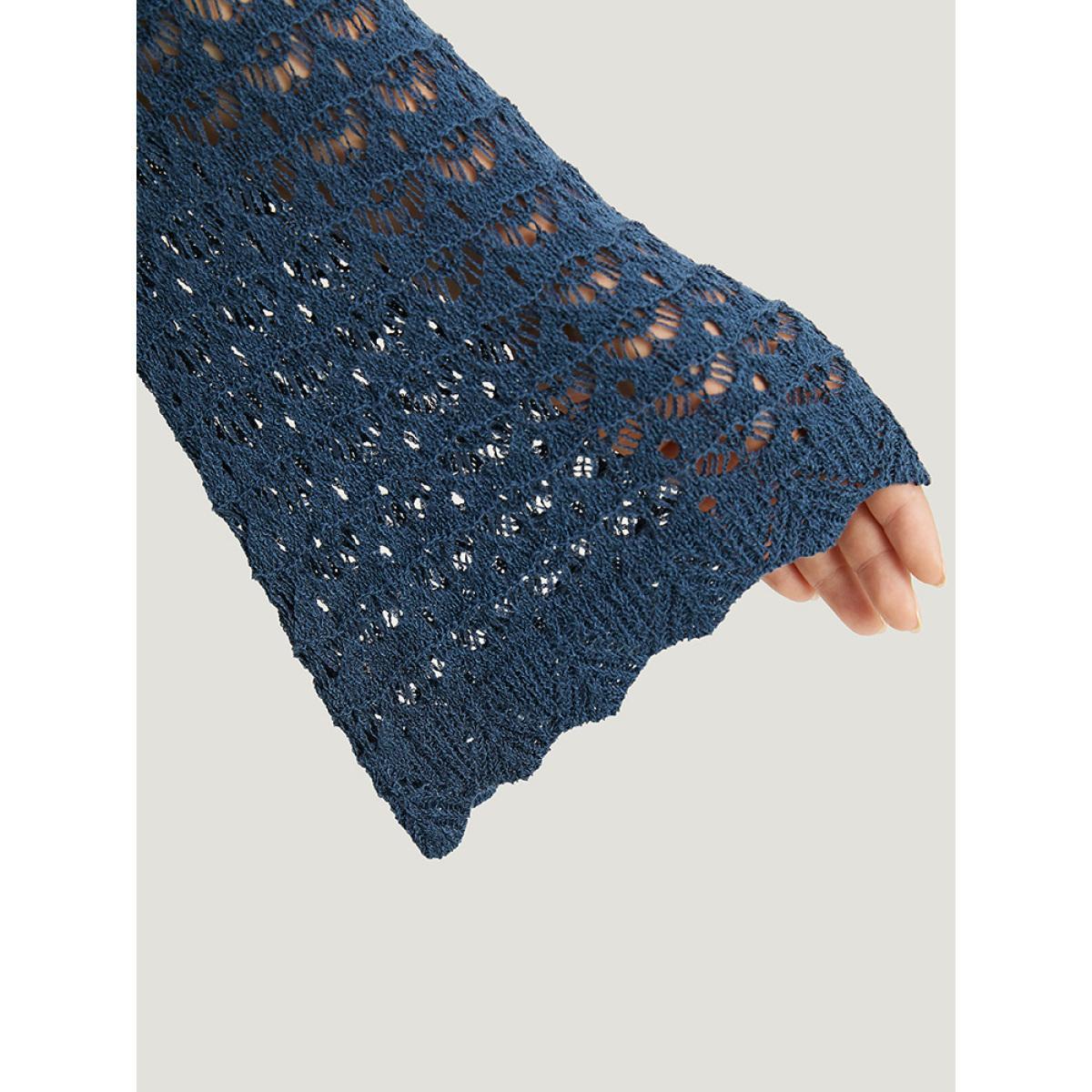 Plus Size Solid Eyelet Ties Front Bell Sleeve Cardigan Indigo Women Casual Loose Long Sleeve Dailywear Cardigans BloomChic 26/4X Product Image