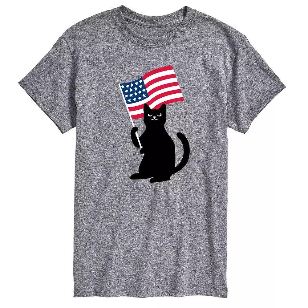 Mens Black Cat With Flag Graphic Tee. Grey Gray Product Image