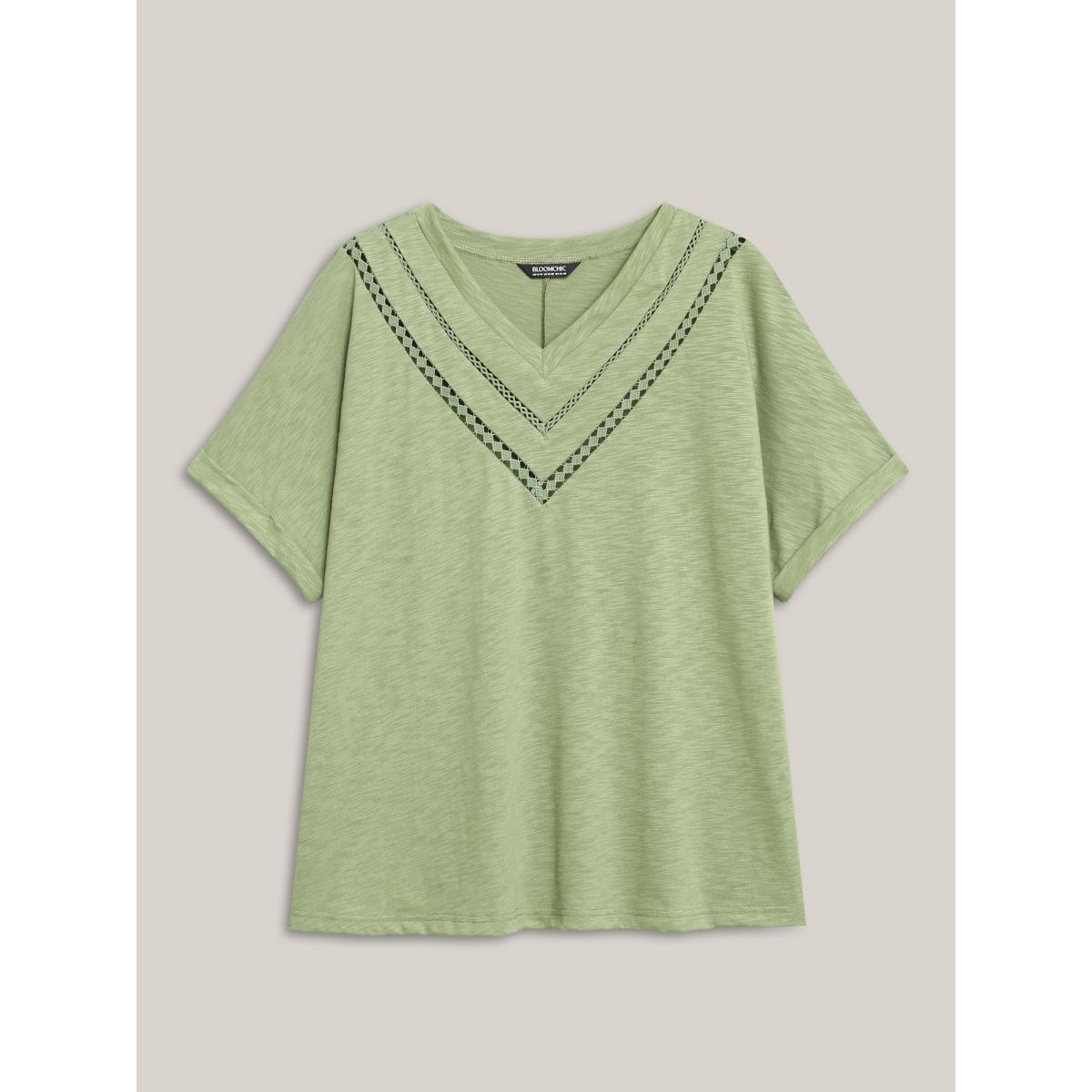 Plus Size Bamboo Fabric Lace Trim Flowy T-Shirt Greenbean Women Woven ribbon&lace trim V-neck Everyday-Casual T-shirts BloomChic 12/L Product Image