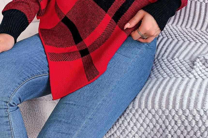 Turtleneck Plaid Asymmetrical Contrast Trim Sweater Product Image