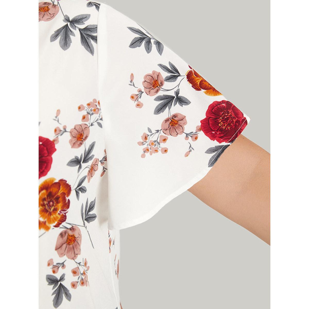 Plus Size White Floral Print High Low Hem Flutter Blouse Women Elegant Short sleeve V-neck Dailywear Blouses BloomChic 18-20/2X Product Image