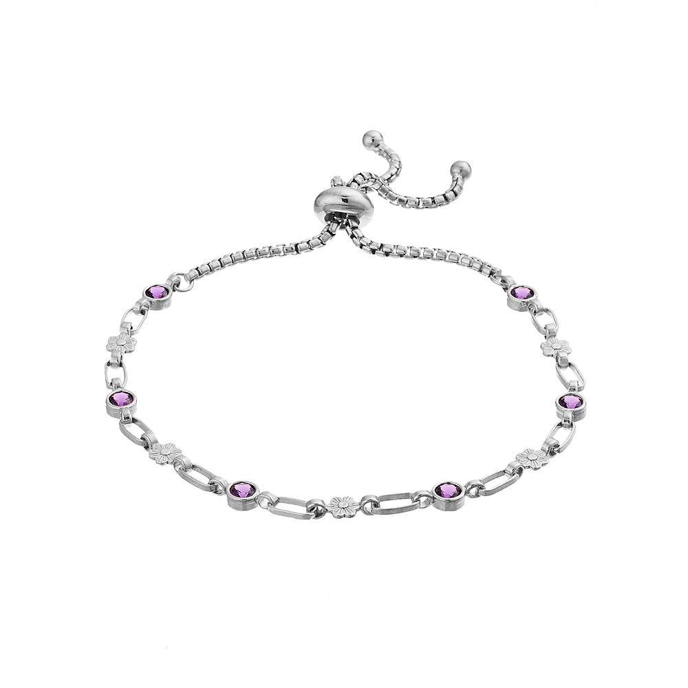 Kristen Kesho Sterling Silver Lab-Created Amethyst & Flower Link Adjustable Bolo Bracelet, Women's, Size: 9.50 Product Image