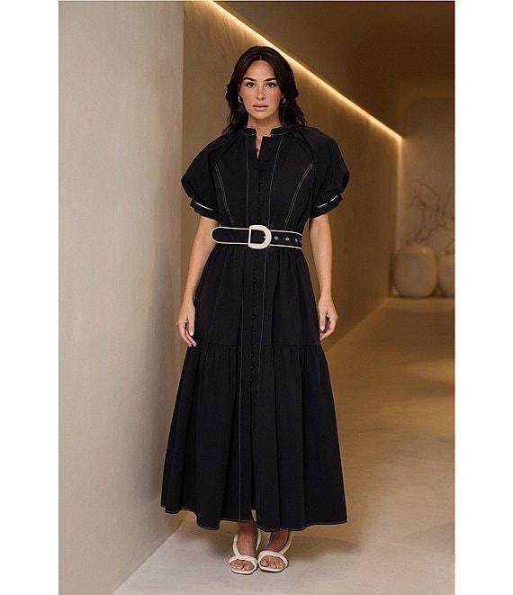 Brave + True Short Puff Sleeve Amour Contrast Piping Button Front Belted Maxi Dress Product Image
