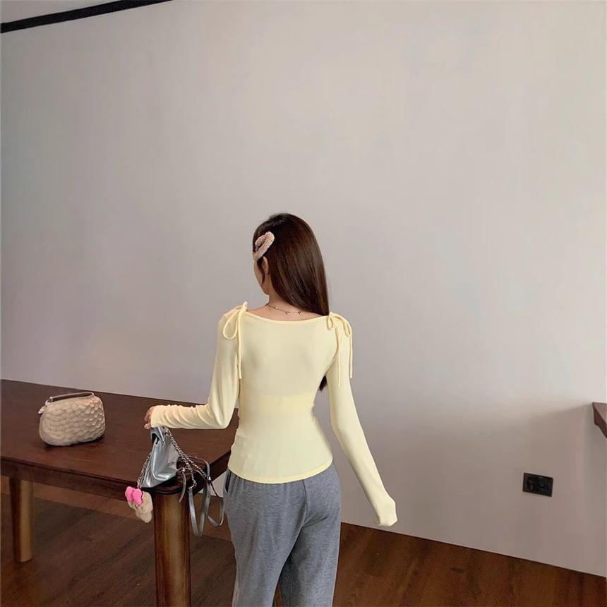 Long Sleeve Cowl Neck Bow Accent Plain Slim-Fit Top Product Image