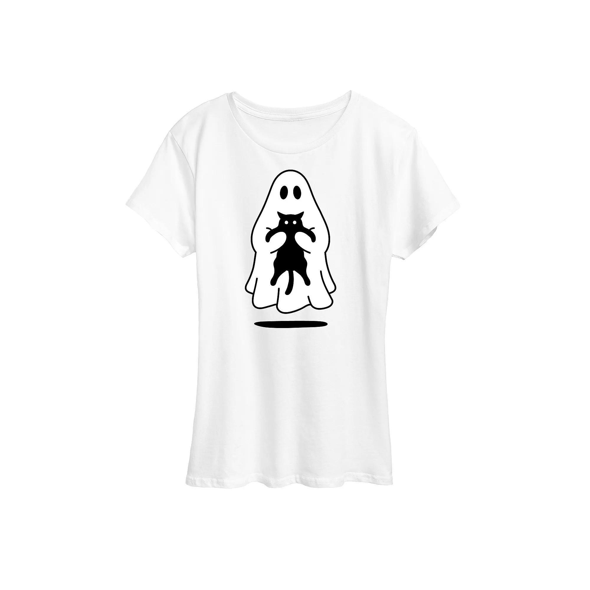 Womens Ghost Holding Black Cat Graphic Tee Product Image