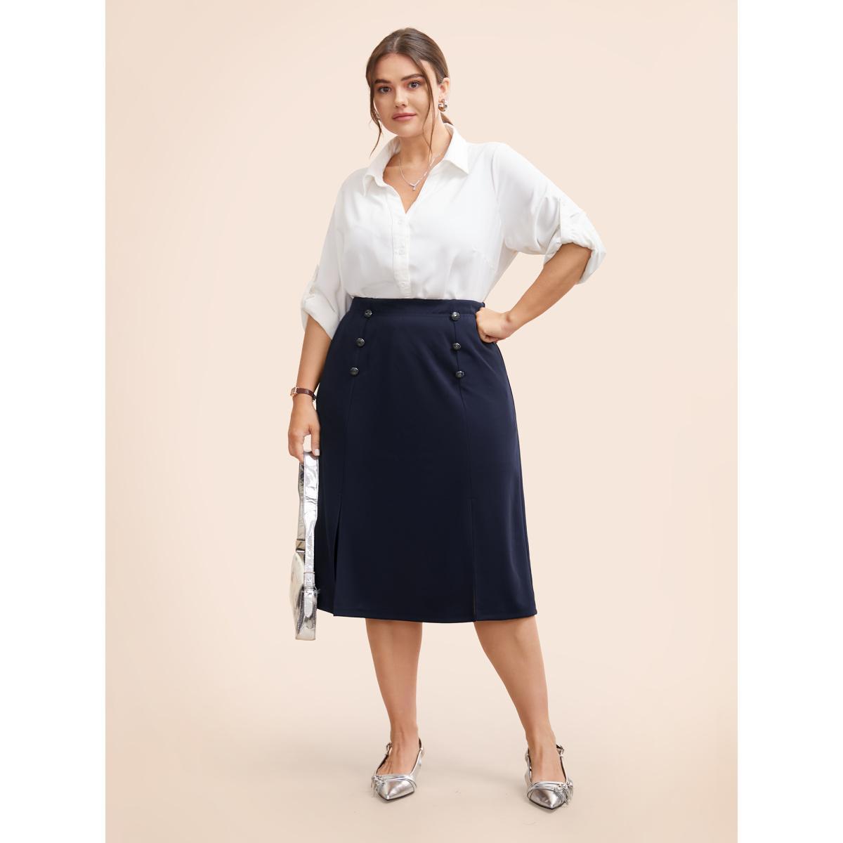 Plus Size Button Detail Split Hem Medium Stretch Skirt Women Indigo At the Office Button Medium stretch Side seam pocket Work Skirts BloomChic 10/M Product Image