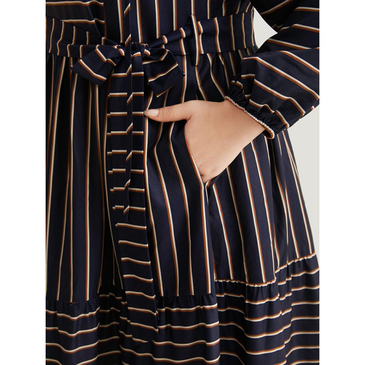 Plus Size Striped Tie Neck Pocket Ties Dress Indigo Women Vacation Elastic cuffs Tie Neck Long Sleeve Curvy Midi Dress BloomChic 22-24/3X Product Image