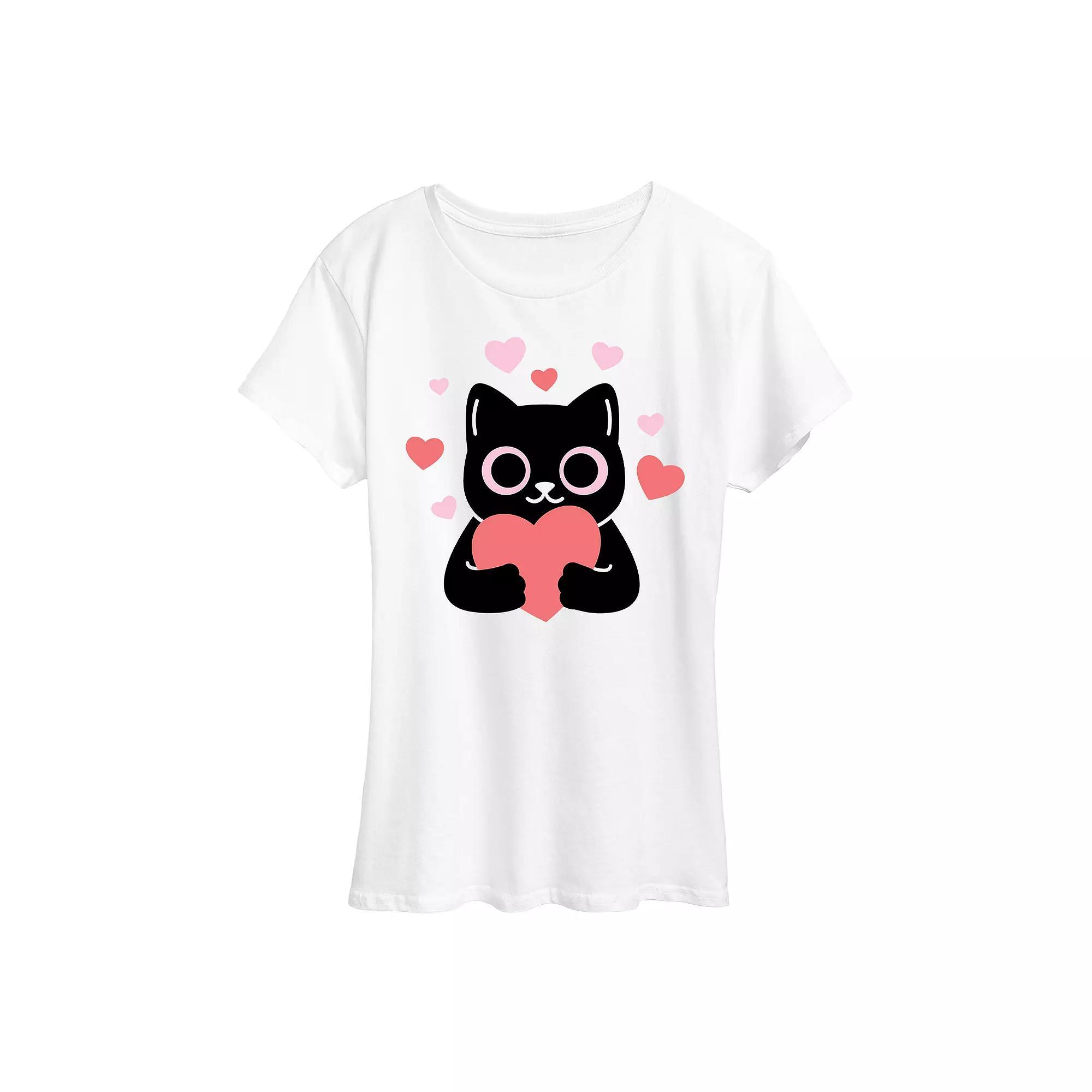 Womens Cat With Hearts Graphic Tee Grey Gray Product Image