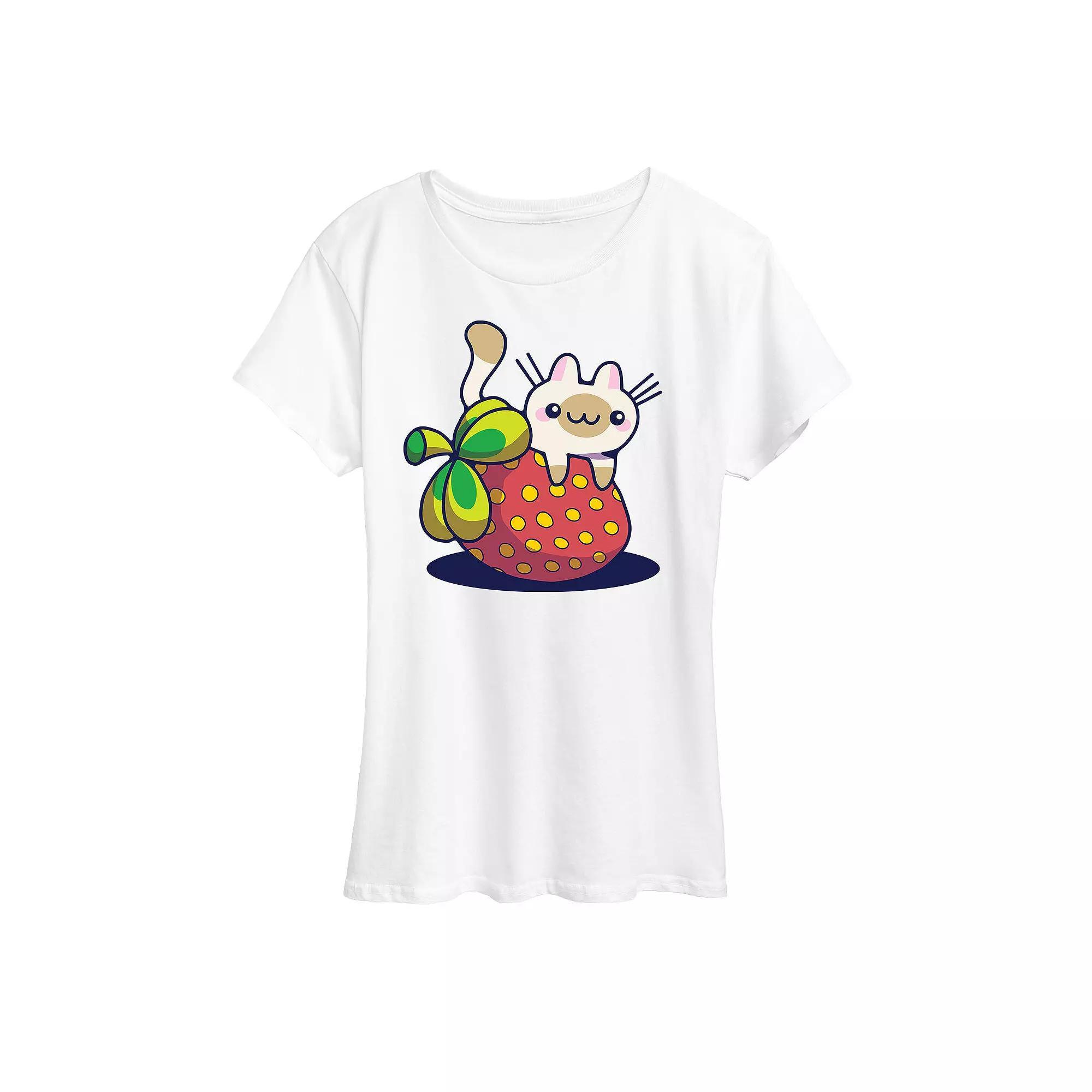 Womens Cat On Strawberry Graphic Tee, Girls Grey Gray Product Image