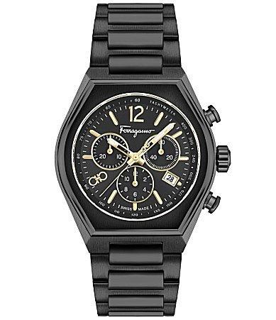 Mens Unisex FERRAGAMO Tonneu Chrono Black Stainless Steel Watch Product Image
