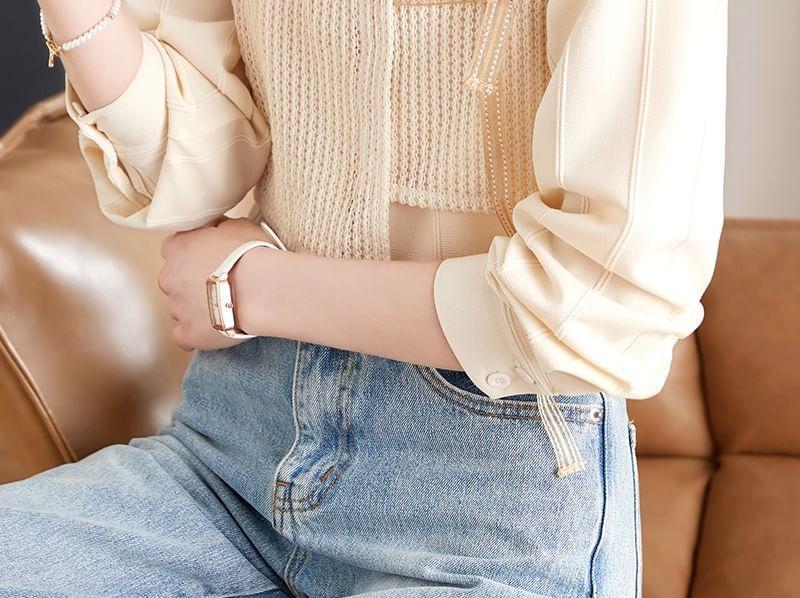 Long-Sleeve Collared Mock Two-Piece Asymmetrical Perforated Panel Button-Up Blouse Product Image