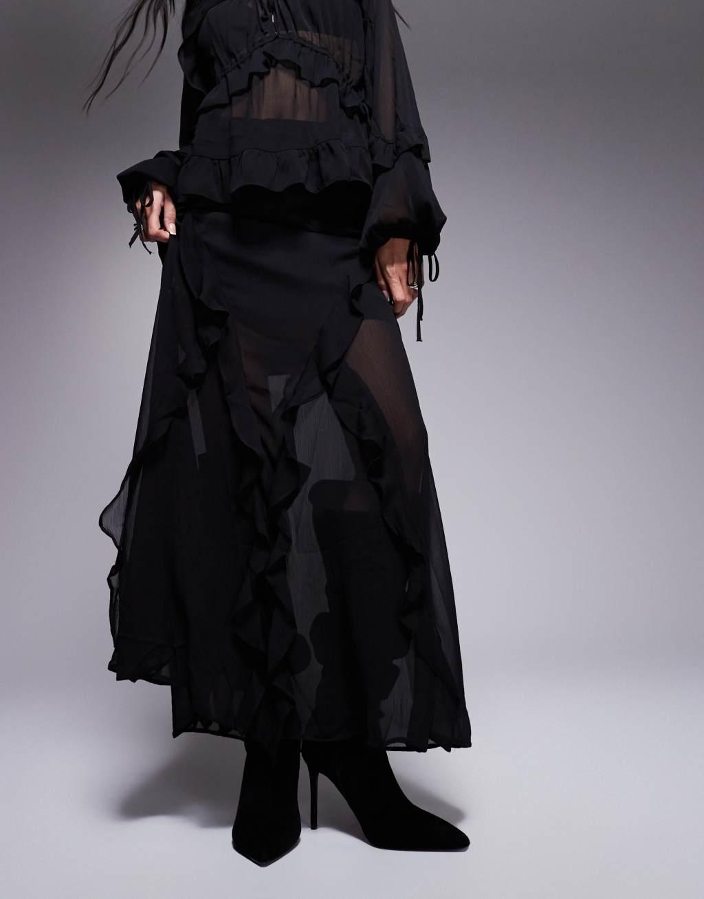 River Island chiffon ruffle maxi skirt in black Product Image