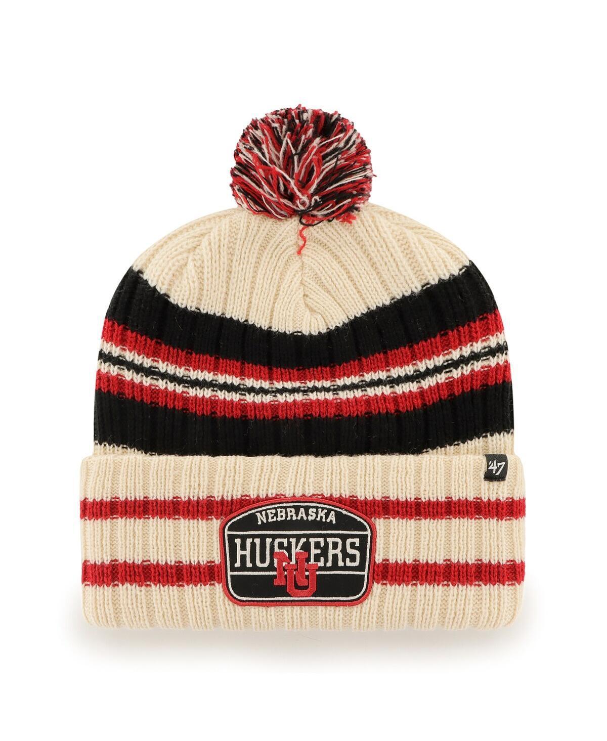 Men's '47 Natural Nebraska Huskers Hone Patch Cuffed Knit Hat with Pom, Beige Product Image