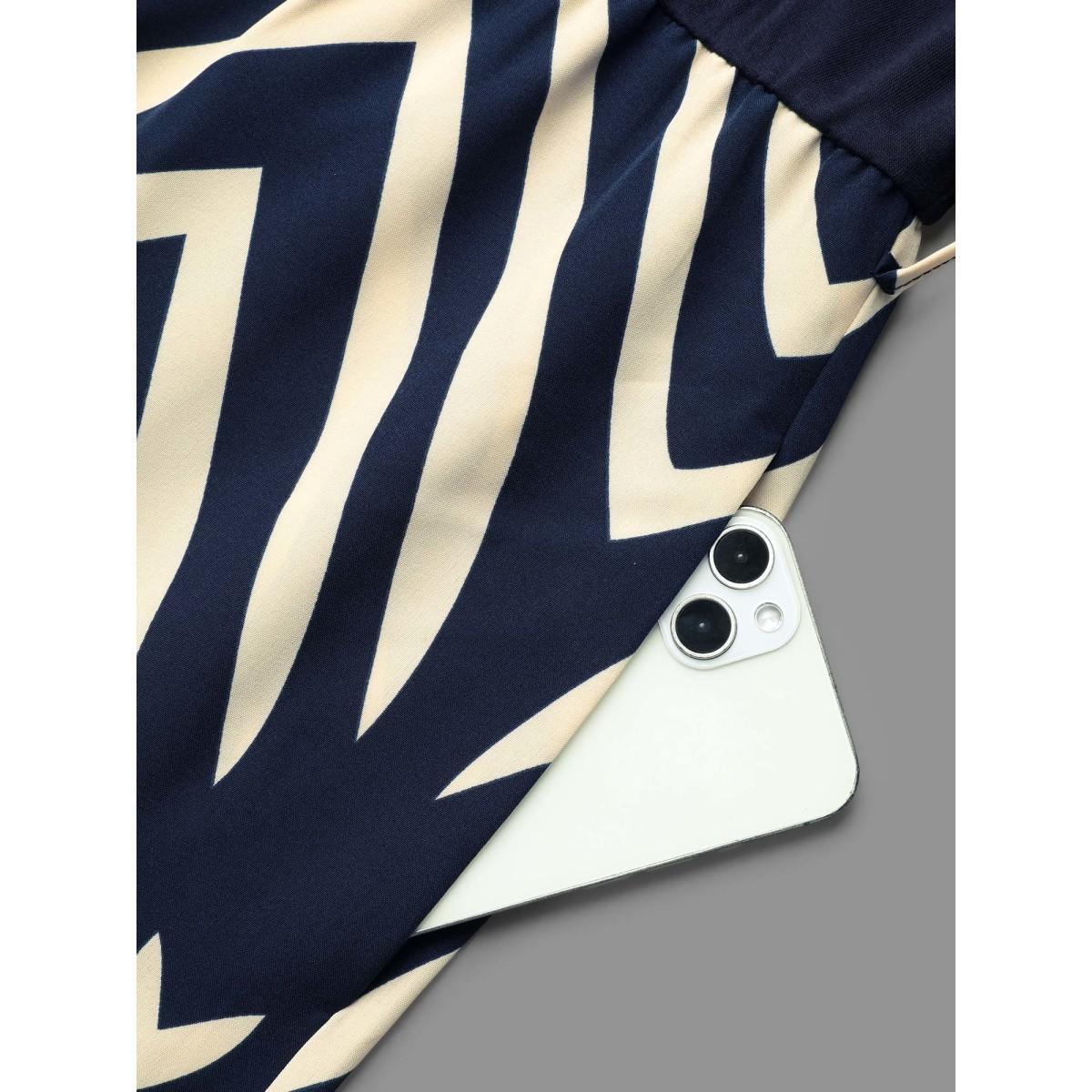 Plus Size DarkBlue Supersoft Geometric Block Stretchy-Waist Jumpsuit Women Elegant Long Sleeve Square Neck Everyday-Elegant Loose Jumpsuits BloomChic 18-20/2X Product Image