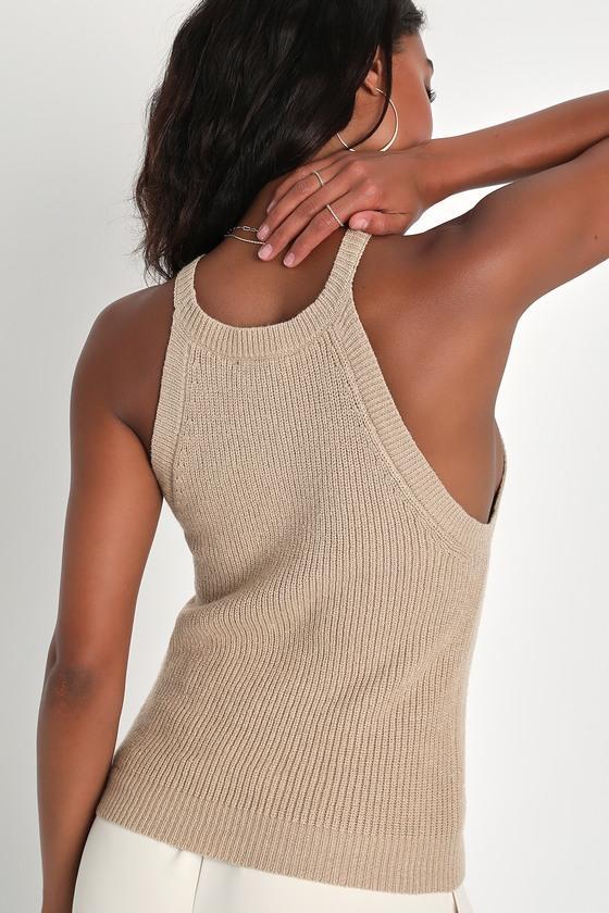 Staycation Sweetie Taupe Knit High Neck Tank Top Product Image