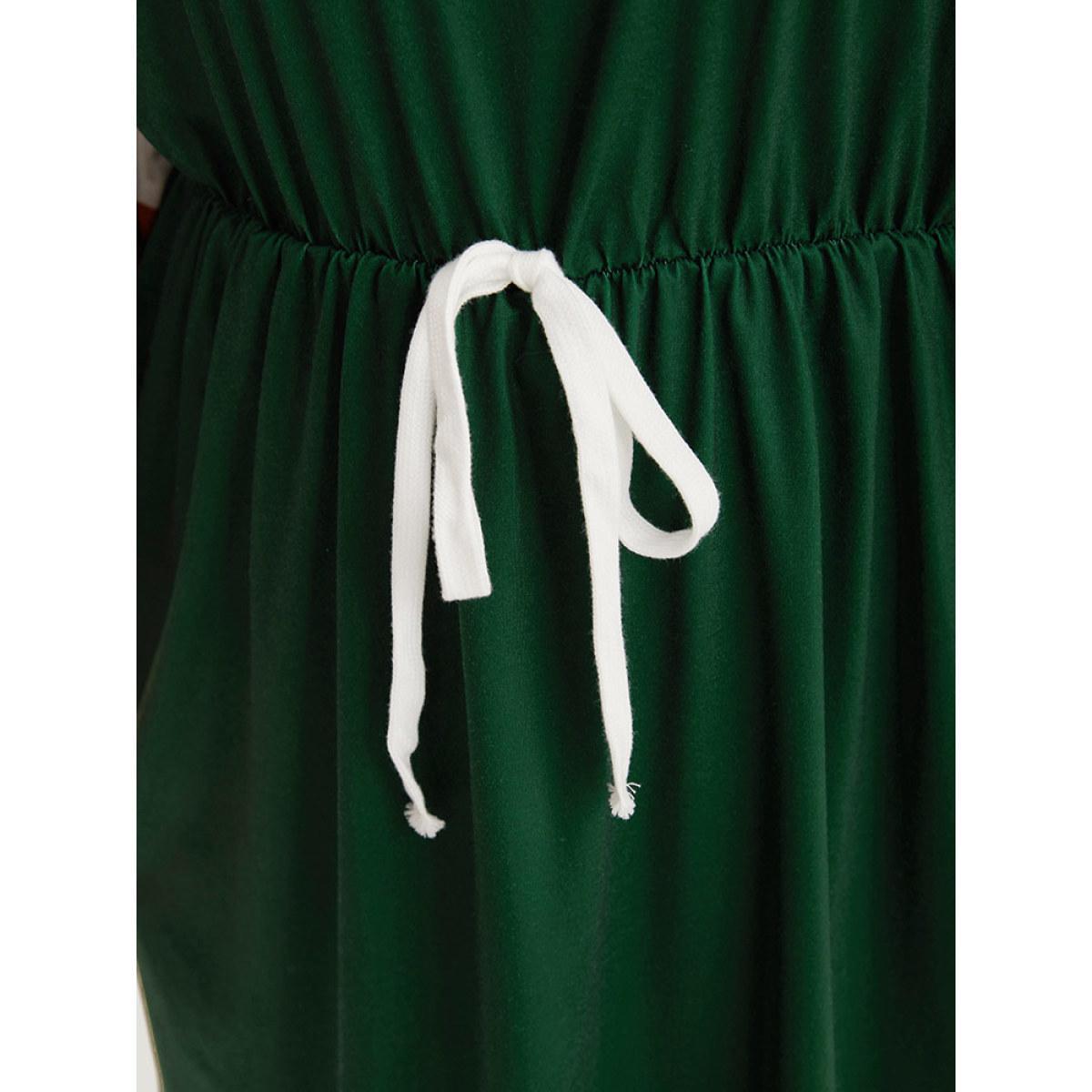 Plus Size Striped Contrast Pocket Bowknot Patchwork Dress DarkGreen Women Casual Cross straps Round Neck Elbow-length sleeve Curvy Midi Dress BloomChic 30/6X Product Image