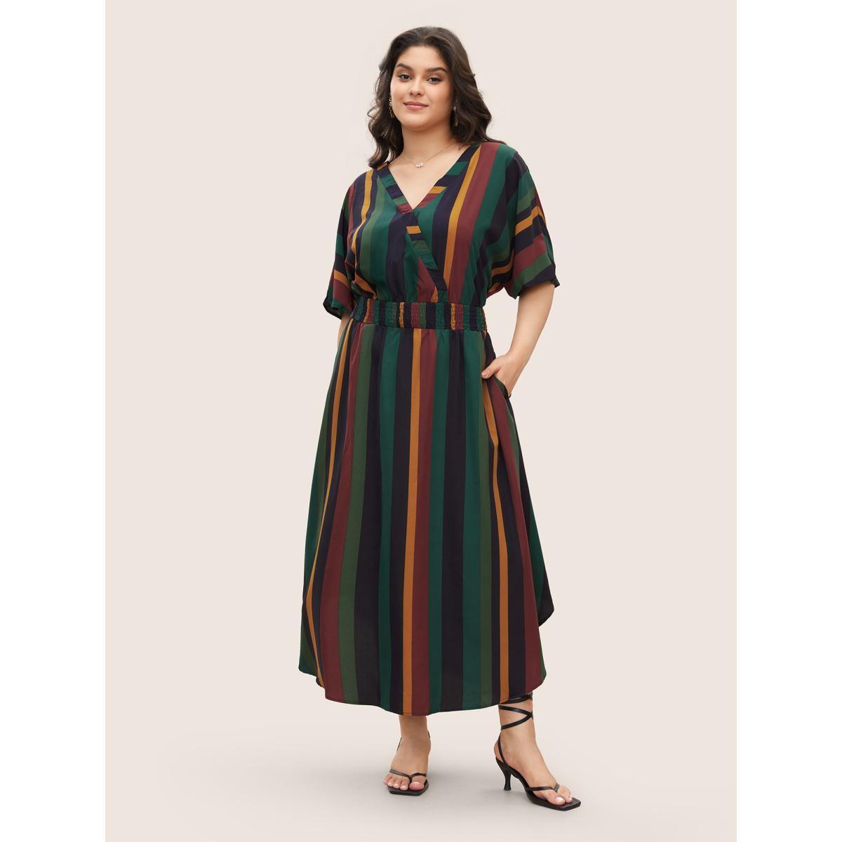 Striped Patchwork Plus Size Women Elegant Dress Regular Dolman Half Sleeve V Neck Pocket Vacation Dresses BloomChic Product Image