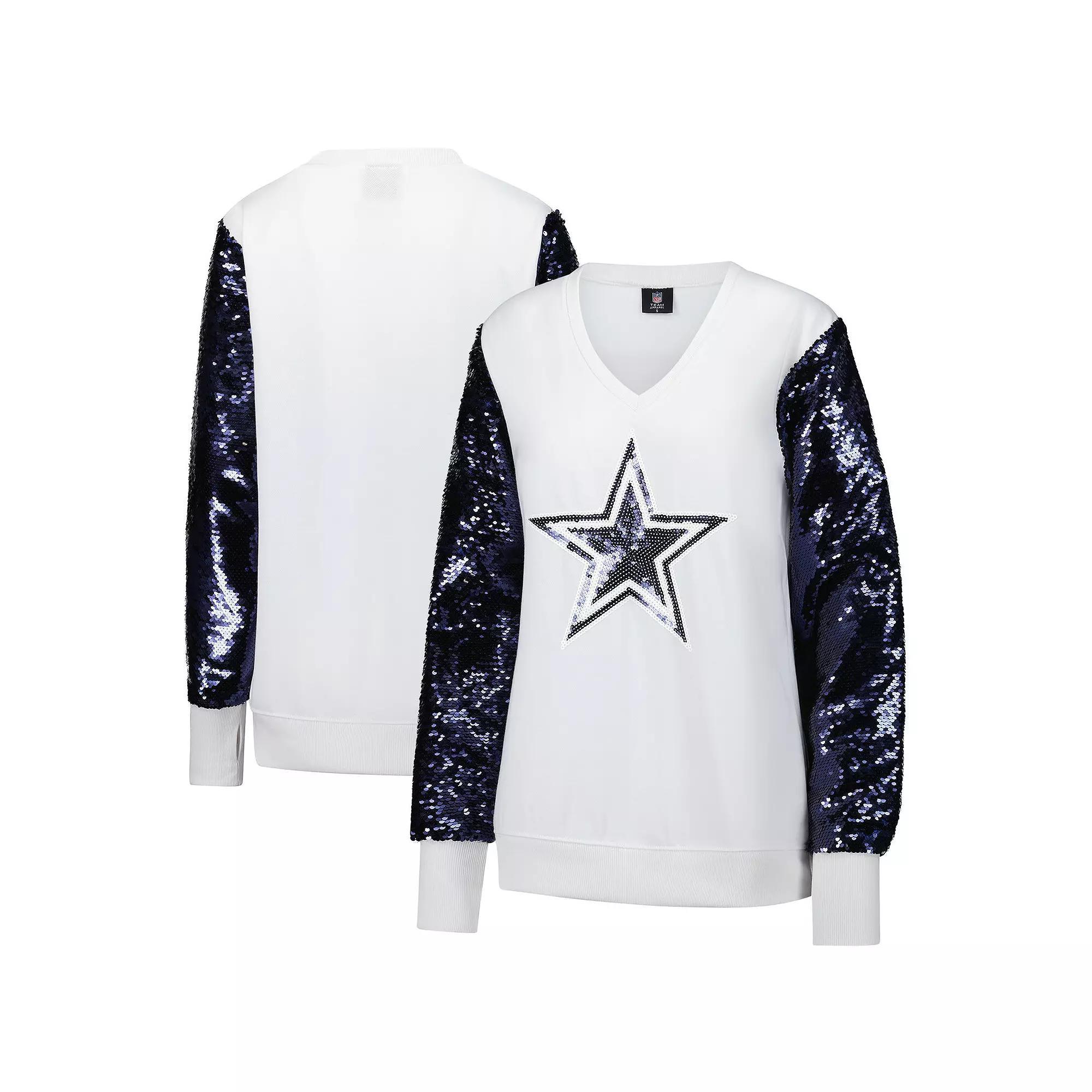 Women's Cuce White Dallas Cowboys Sequin Sleeve V-Neck Pullover Sweatshirt, Size: 2XL Product Image