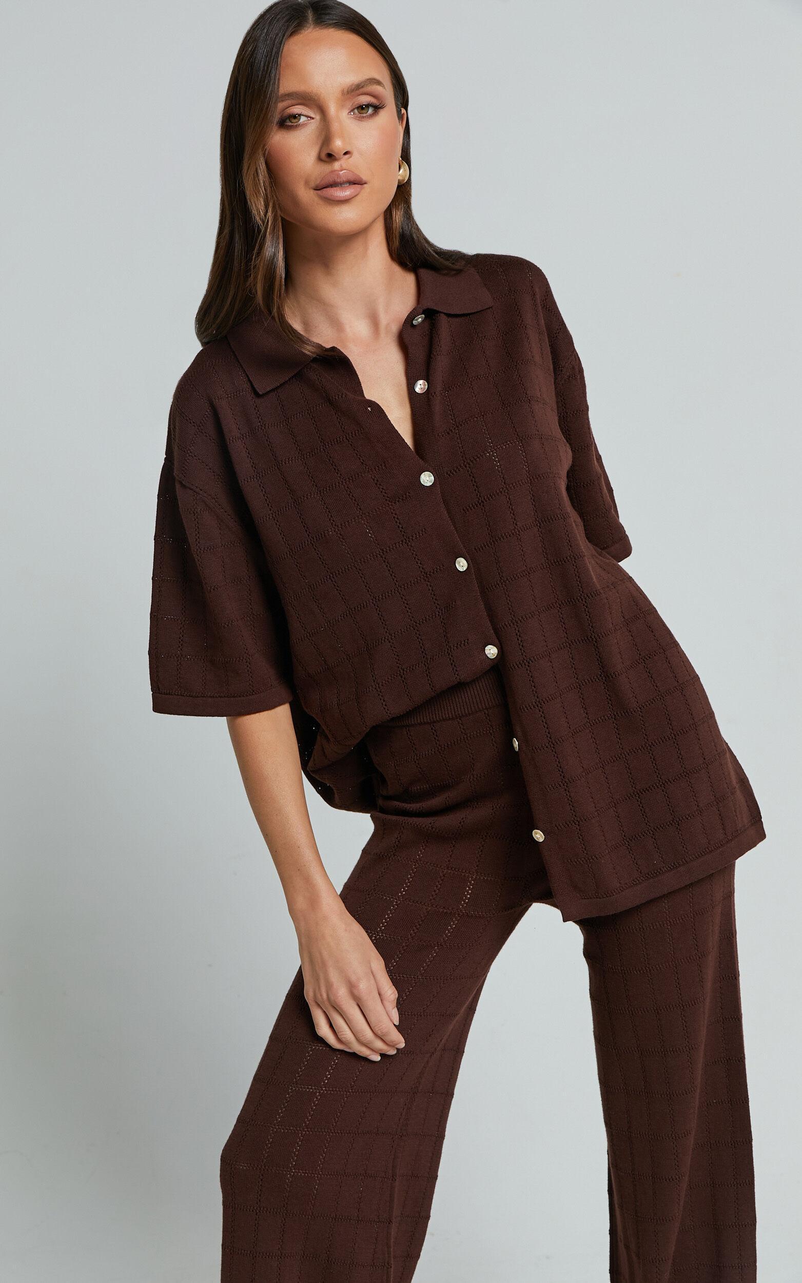 Tommy Two Piece Set - Knit Button Through Top and Pants Two Piece Set in Chocolate Product Image