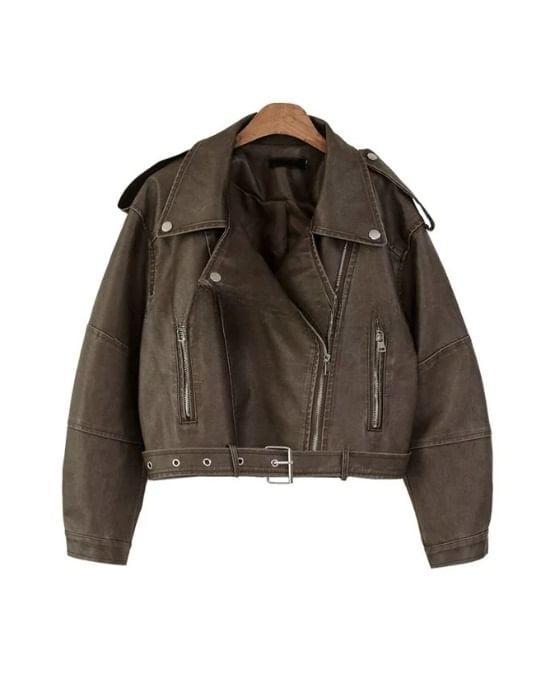 Long Sleeve Plain Faux Leather Zip-Up Jacket Product Image