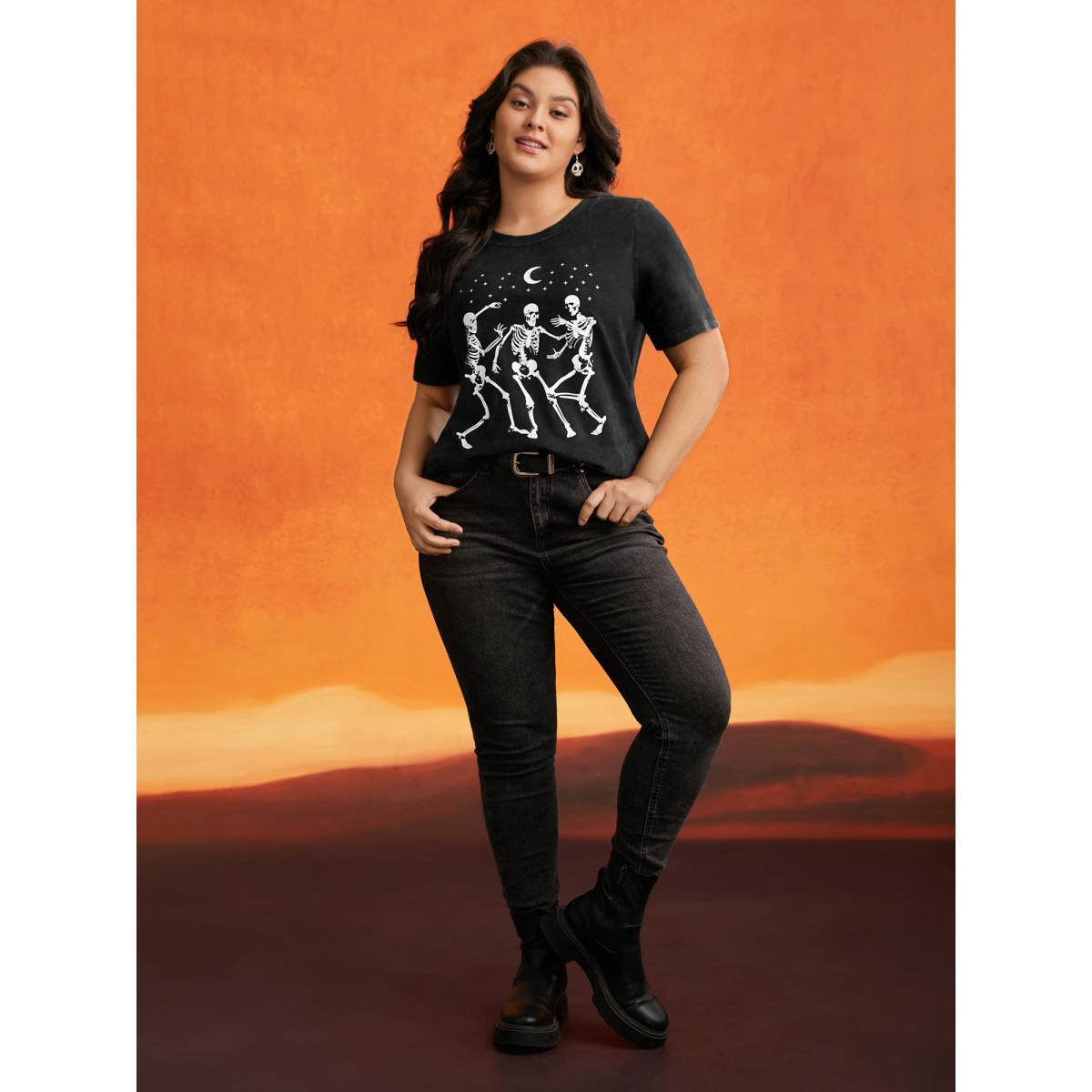 Plus Size Dancing Skeletons Printed Crew Neck T-shirt Acidwashblack Women Casual Non Halloween Round Neck Everyday T-shirts BloomChic 14-16/1X Product Image