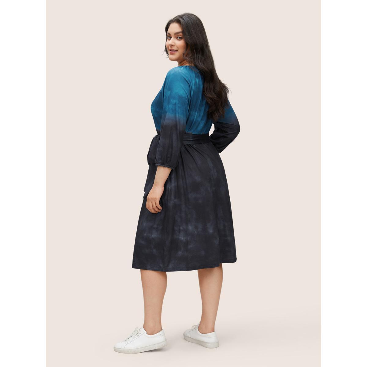 Plus Size Tie Dye Cut Out Belted Elastic Cuffs Dress DarkBlue Women Casual Non Notched collar Elbow-length sleeve Curvy Midi Dress BloomChic 14-16/1X Product Image