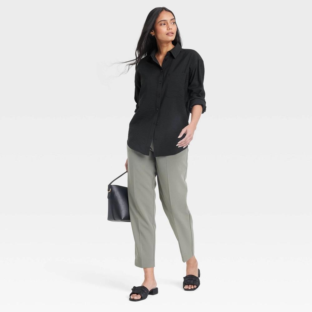 Women's Oversized Long Sleeve Crinkle Button-Down Shirt - A New Day™ Black L: Lightweight Rayon-Nylon Blend, Front Placket Product Image