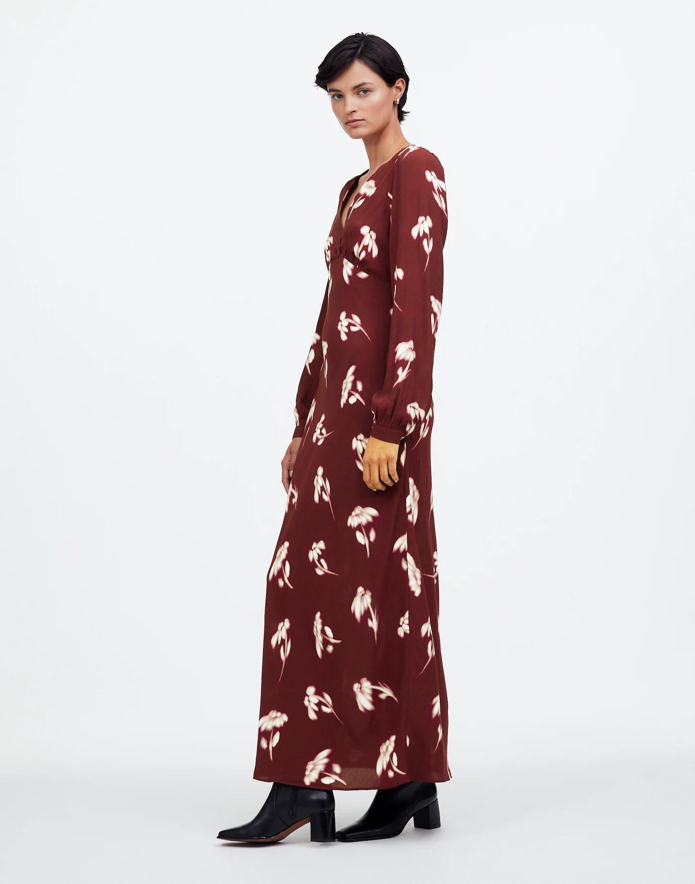 V-Neck Cuff-Sleeve Maxi Dress in Floral Product Image