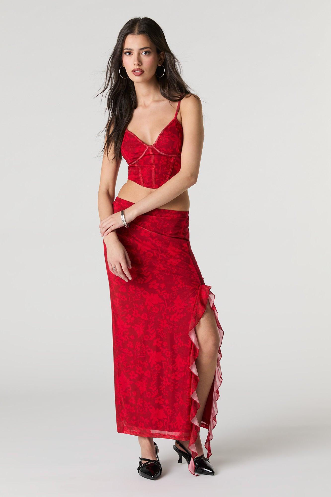 Mesh Ruffle Slit Midi Skirt Female Product Image
