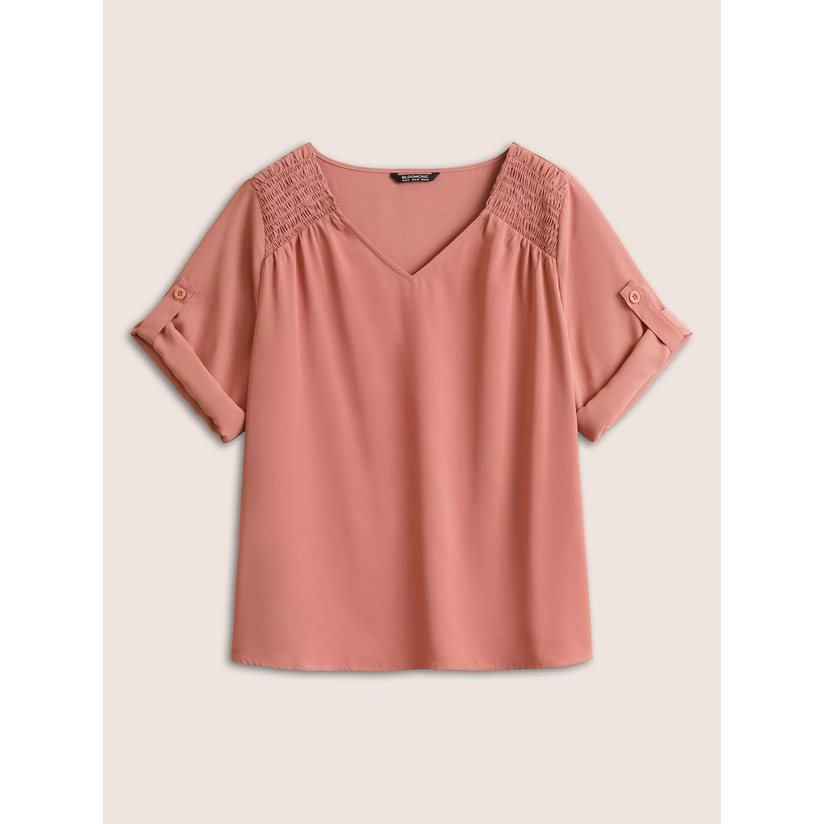 Plus Size Salmon V Neck Solid Shirred Tab Sleeve Blouse Women Work From Home Elbow-length sleeve V-neck Work Blouses BloomChic 30/6X Product Image