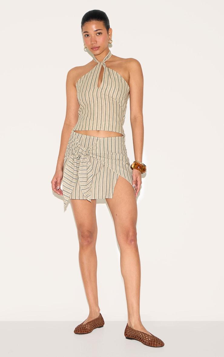 Beige Striped Key Hole Top Product Image