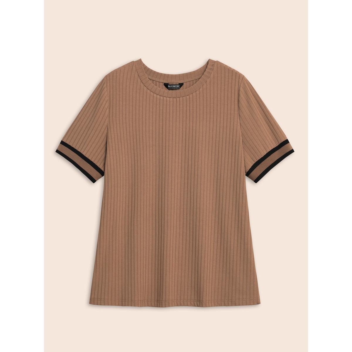 Plus Size Crew Neck Pit Strip Contrast Trim T-shirt LightBrown Women Casual Texture Round Neck Everyday T-shirts BloomChic 12/L Product Image