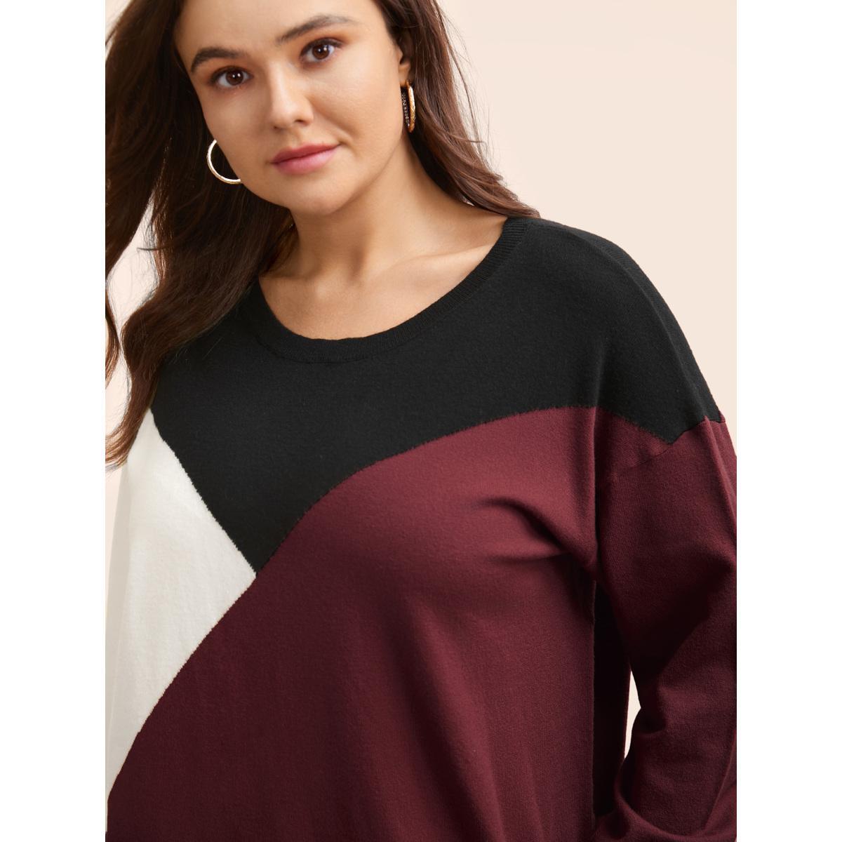 Plus Size Supersoft Essentials Colorblock Contrast Pullover Burgundy Women Casual Long Sleeve Round Neck Everyday Pullovers BloomChic 14-16/1X Product Image